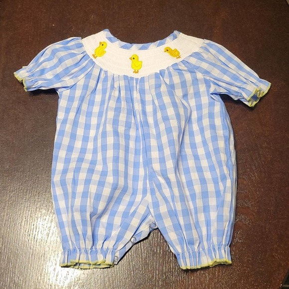 Other - Smock Blue Gingham Yellow Chicken Romper 0-3 Months
